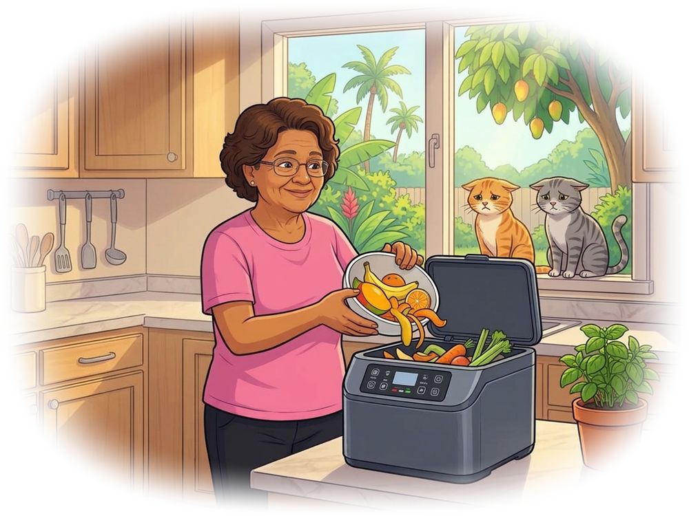 Ilustración: mi mamá echa los restos de comida en el compostador eléctrico KÖMPOST en la cocina, mientras los gatos miran decepcionados por la ventana