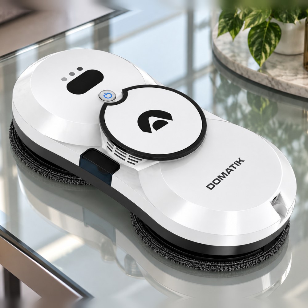 Robot VERTIK blanco sobre una superficie de vidrio